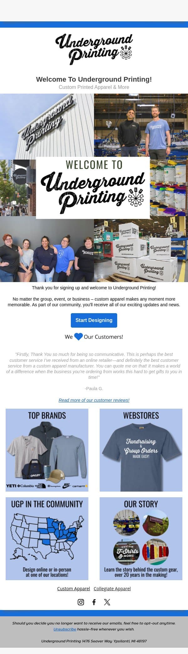 Welcome to Underground Printing! email from Underground Shirts screenshot