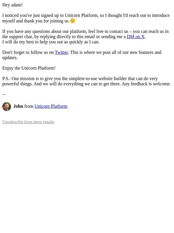 Welcome to Unicorn Platform π¦ email from Unicorn Platform
