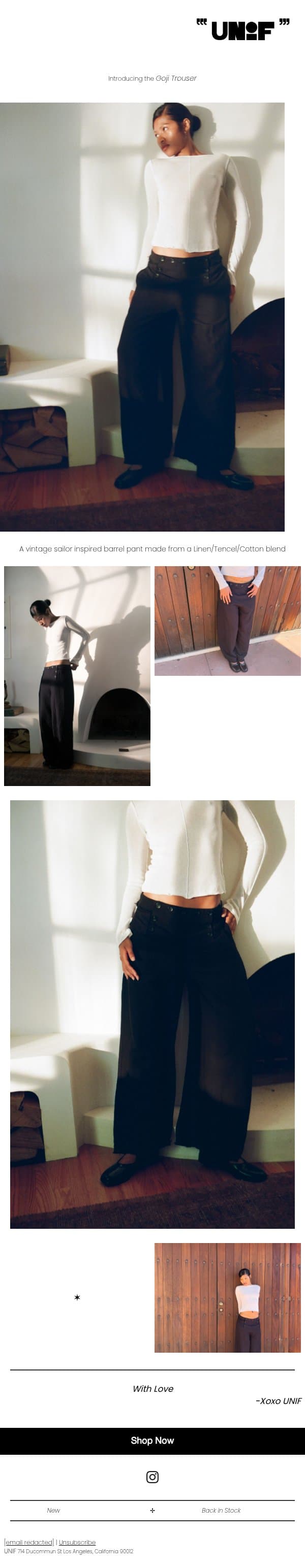 The Goji Trouser email from UNIF screenshot