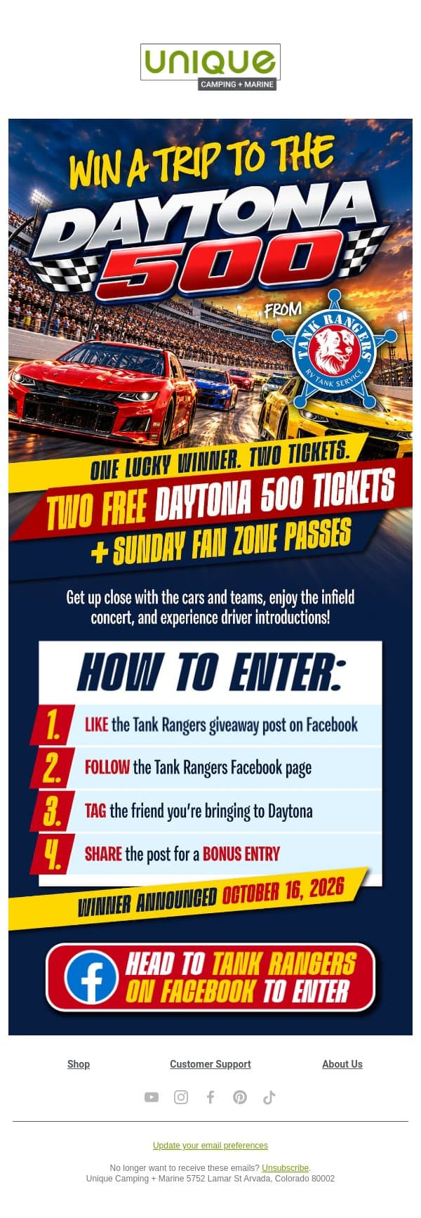 Want to Go to the Daytona 500? ๐๏ธ email from Unique Camping + Marine screenshot