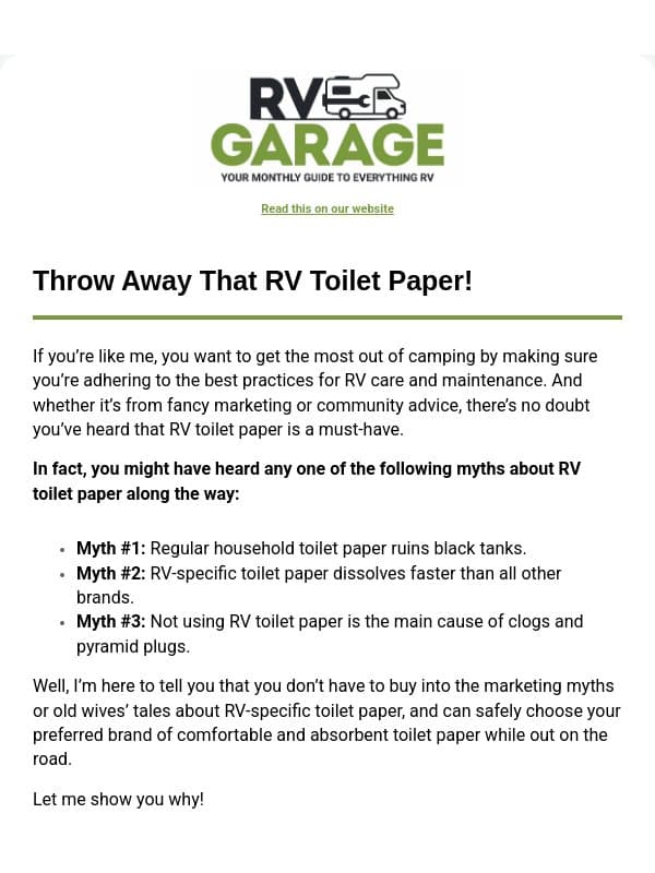Before you buy RV toilet paper… 🧻 email from Unique Camping + Marine