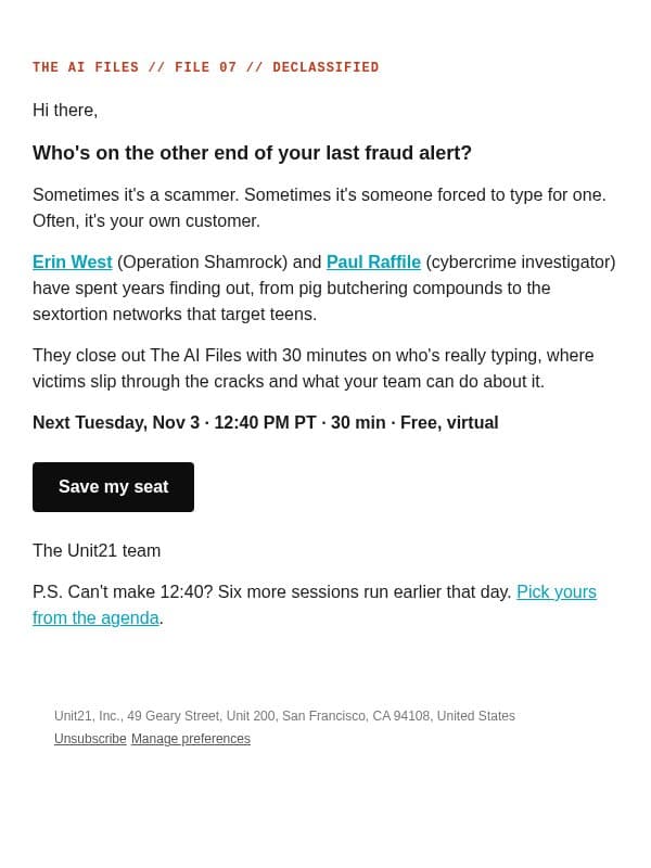 Erin West and Paul Raffile close The AI Files email from Unit21