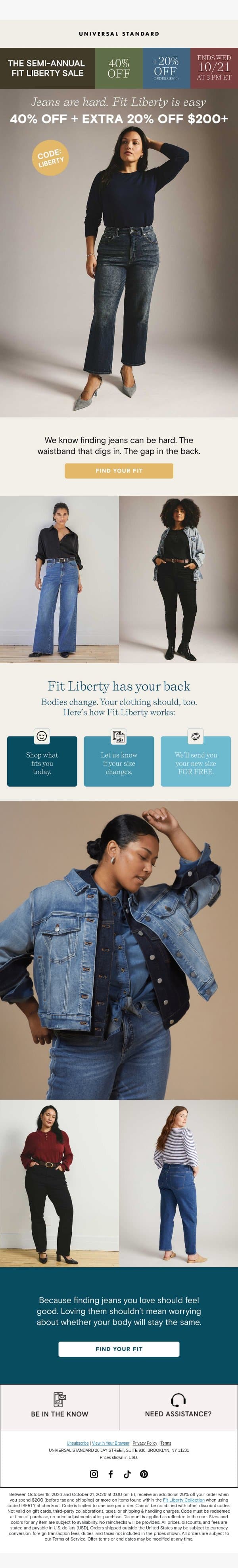 Fit Liberty: 40% off + extra 20% off (orders $200+) email from Universal Standard screenshot