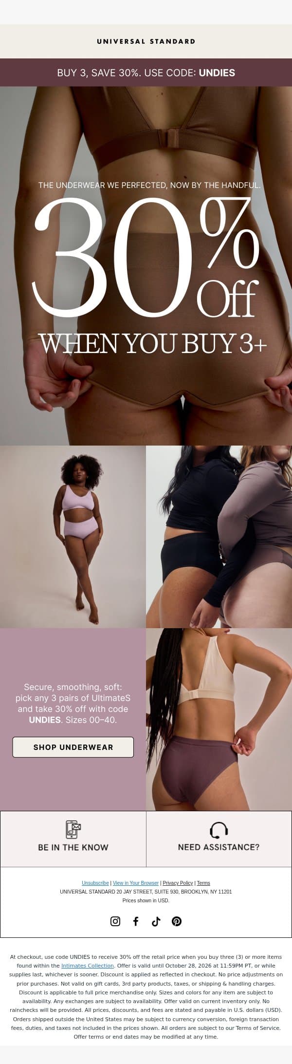 BUY 3 PAIRS, SAVE 30% WITH CODE UNDIES email from Universal Standard screenshot