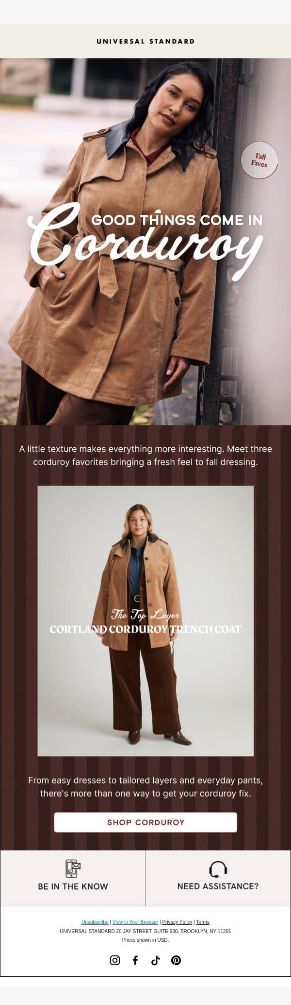 Corduroy Is Having a Moment email from Universal Standard screenshot