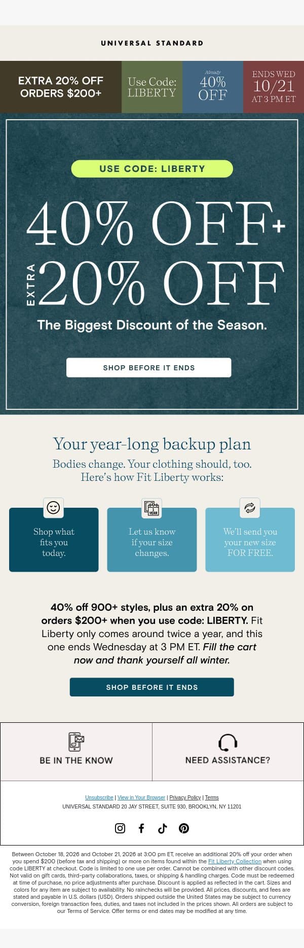 FINAL DAYS: 40% + EXTRA 20% OFF (900+ styles, orders $200+) email from Universal Standard screenshot