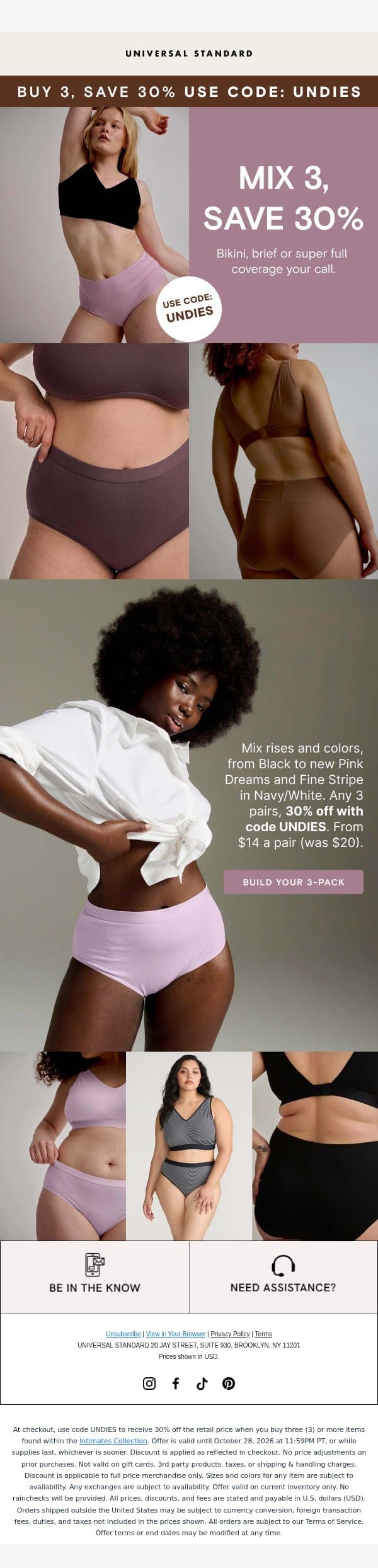 3 pairs. 30% off. Zero wedgies. email from Universal Standard screenshot