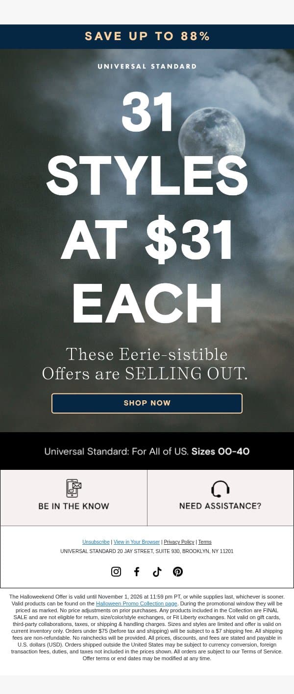 SELLING OUT: 31 Styles at $31 email from Universal Standard screenshot