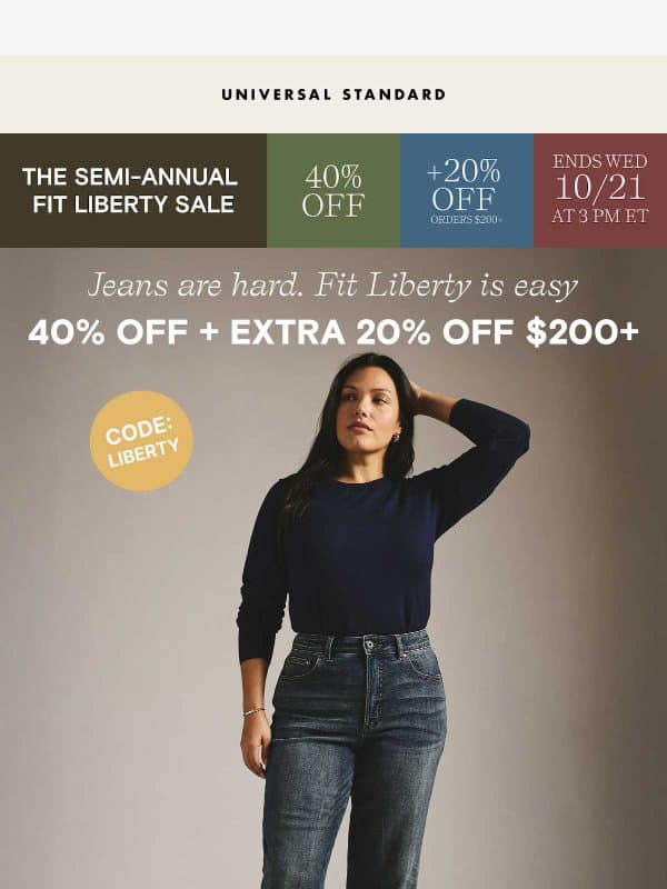 Fit Liberty: 40% off + extra 20% off (orders $200+) email from Universal Standard