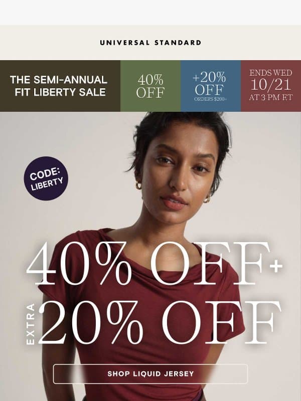Fit Liberty Liquid Jersey: 40% + EXTRA 20% off (orders $200+) email from Universal Standard
