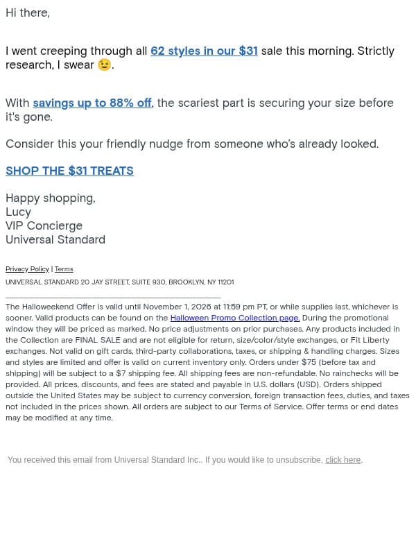 All treats. $31 tricks. email from Universal Standard