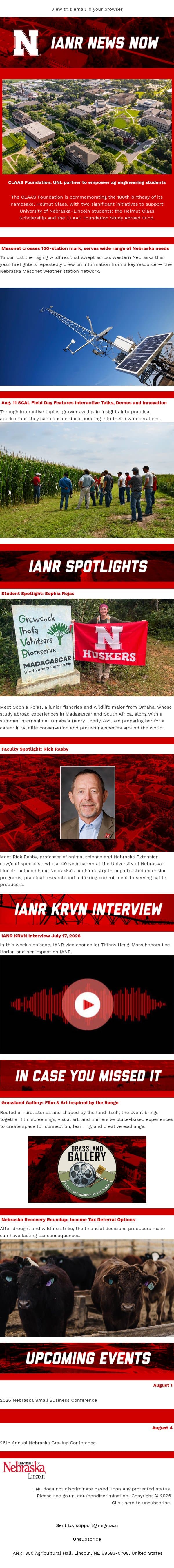 IANR News Now - July 23, 2026 email from University of Nebraska-Lincoln screenshot