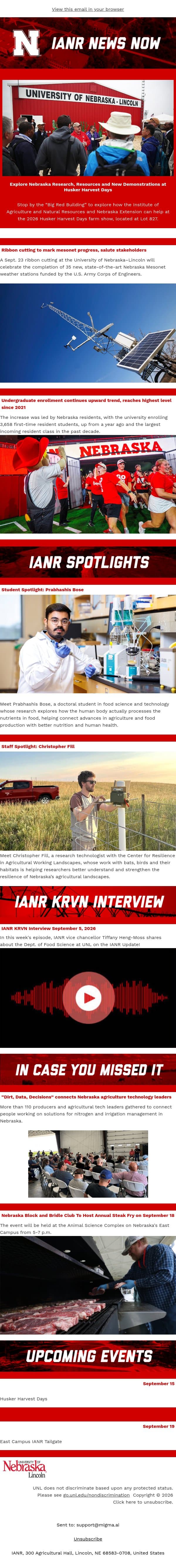 IANR News Now - September 10, 2026 email from University of Nebraska-Lincoln screenshot