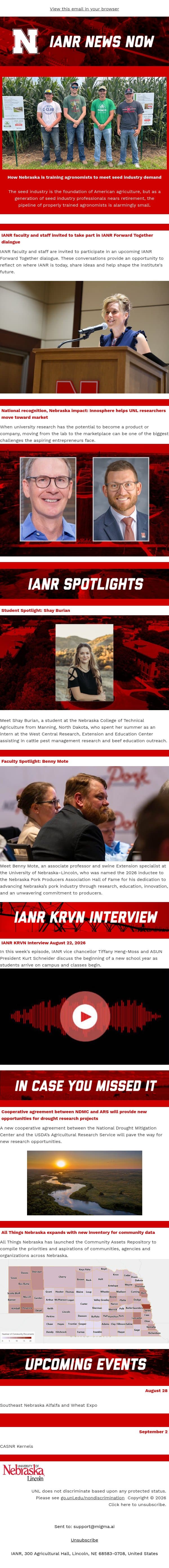 IANR News Now - August 27, 2026 email from University of Nebraska-Lincoln screenshot