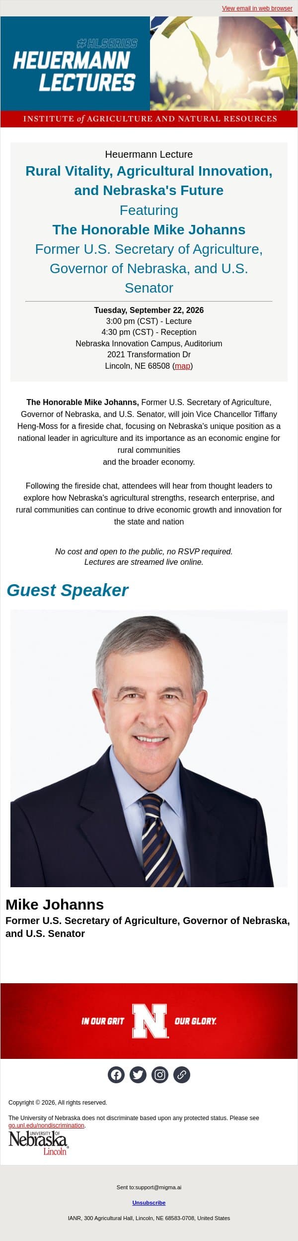 Save the Date > Heuermann Lecture ft. Mike Johanns email from University of Nebraska-Lincoln screenshot