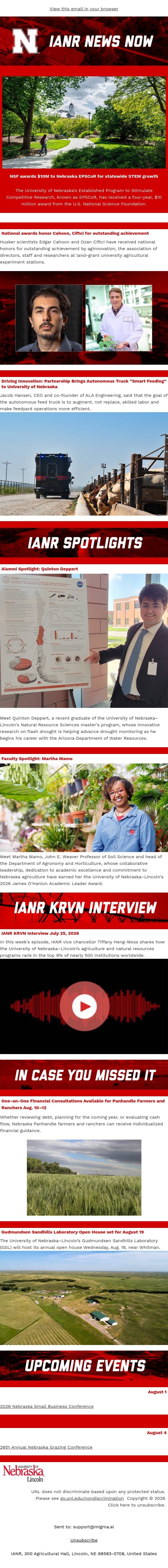 IANR News Now - July 30, 2026 email from University of Nebraska-Lincoln screenshot