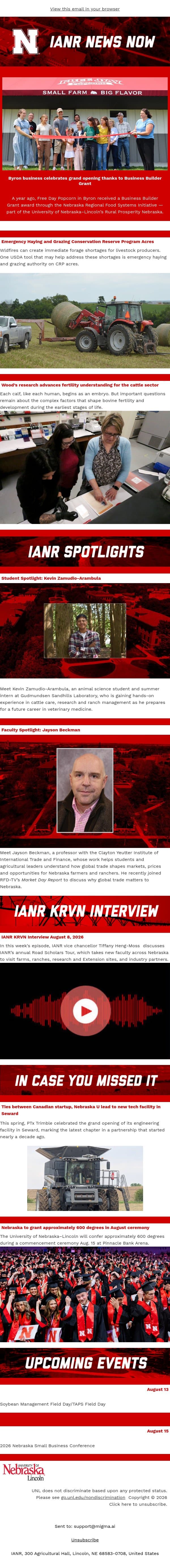 IANR News Now - August 13, 2026 email from University of Nebraska-Lincoln screenshot
