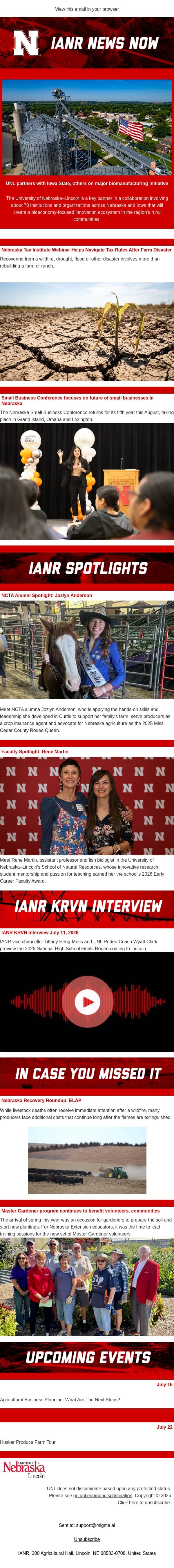 IANR News Now - July 16, 2026 email from University of Nebraska-Lincoln screenshot