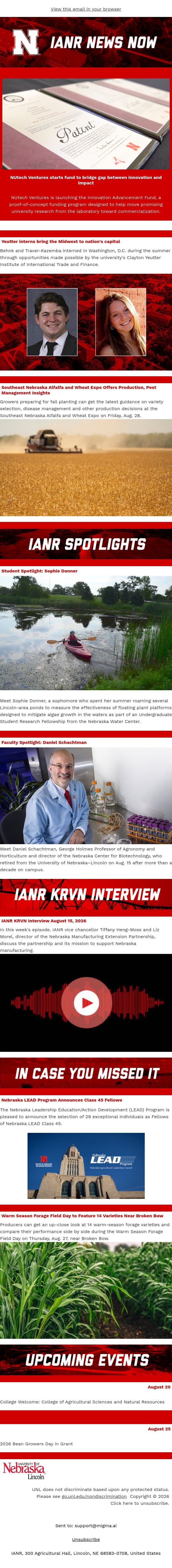 IANR News Now - August 20, 2026 email from University of Nebraska-Lincoln screenshot