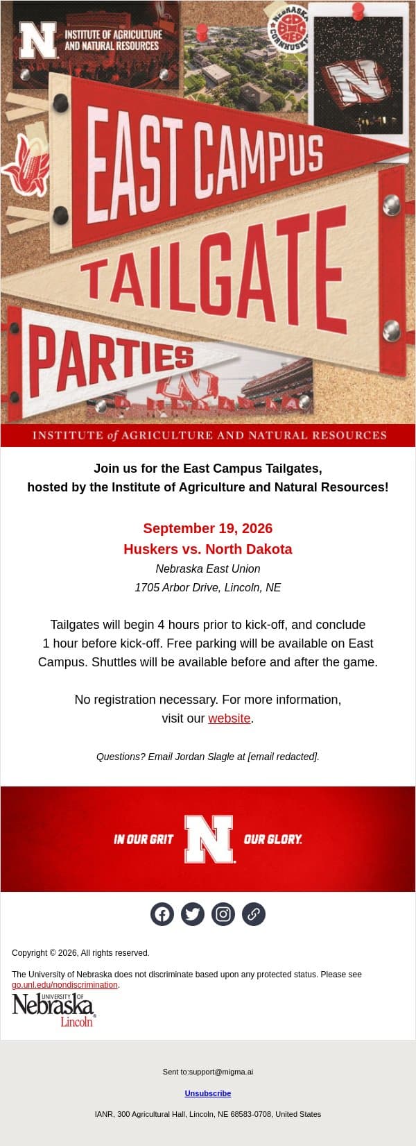 YOU'RE INVITED > 2026 IANR Football Tailgates email from University of Nebraska-Lincoln screenshot