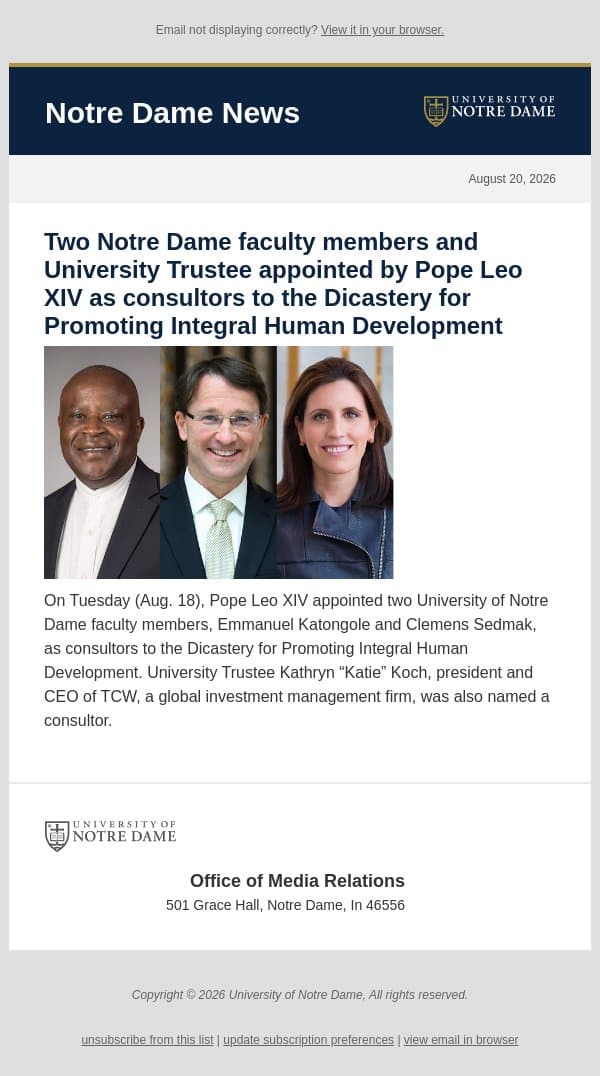 Notre Dame News: Daily Digest, August 20, 2026 email from University of Notre Dame screenshot