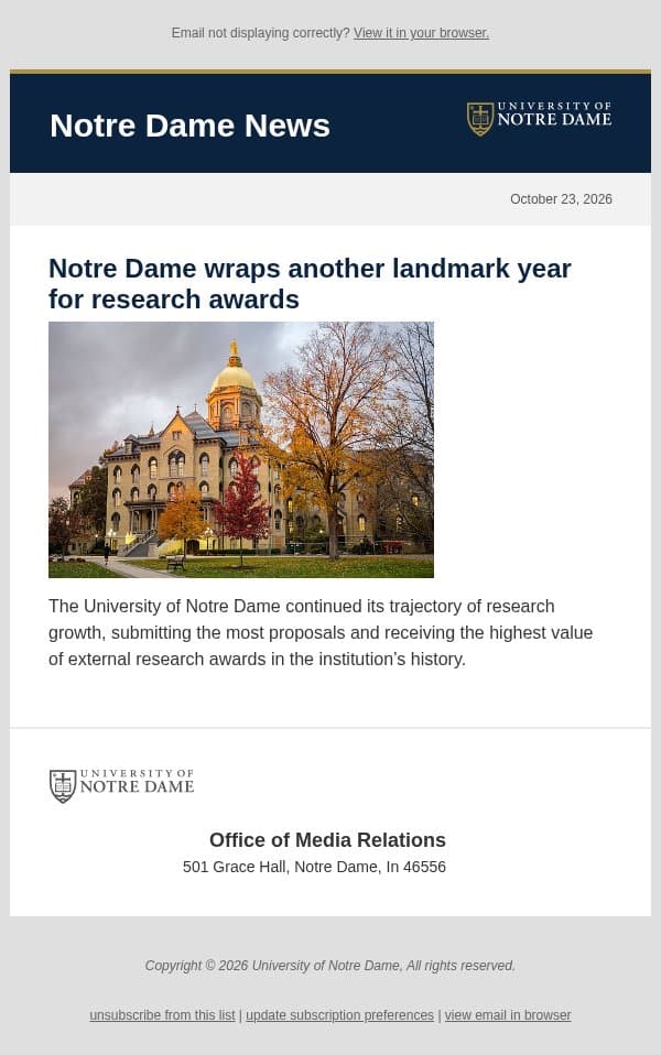 Notre Dame News: Daily Digest, October 23, 2026 email from University of Notre Dame screenshot