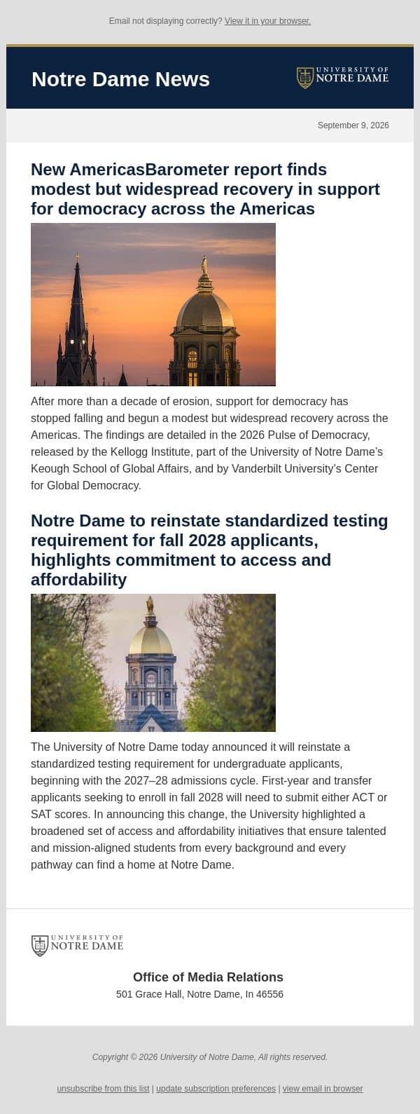 Notre Dame News: Daily Digest, September 9, 2026 email from University of Notre Dame screenshot