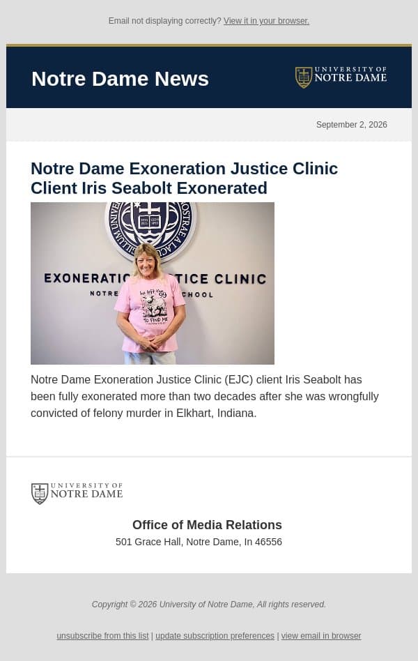 Notre Dame News: Daily Digest, September 2, 2026 email from University of Notre Dame screenshot