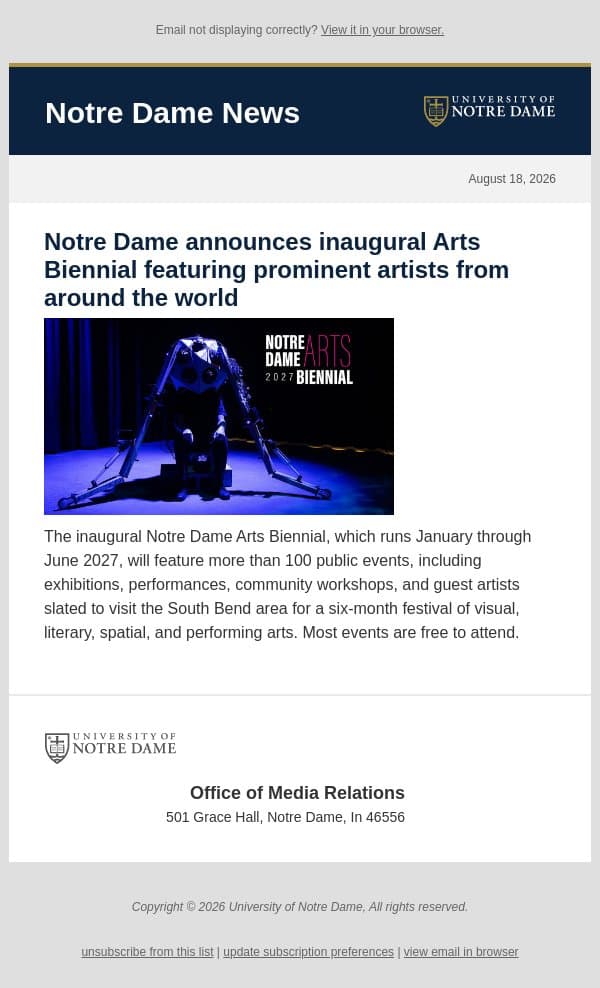 Notre Dame News: Daily Digest, August 18, 2026 email from University of Notre Dame screenshot