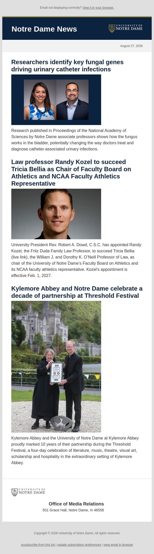 Notre Dame News: Daily Digest, August 27, 2026 email from University of Notre Dame screenshot