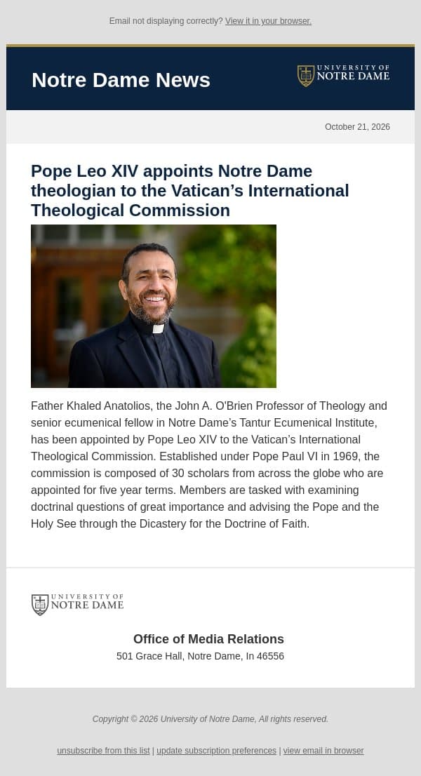 Notre Dame News: Daily Digest, October 21, 2026 email from University of Notre Dame screenshot