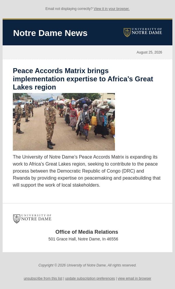 Notre Dame News: Daily Digest, August 25, 2026 email from University of Notre Dame screenshot