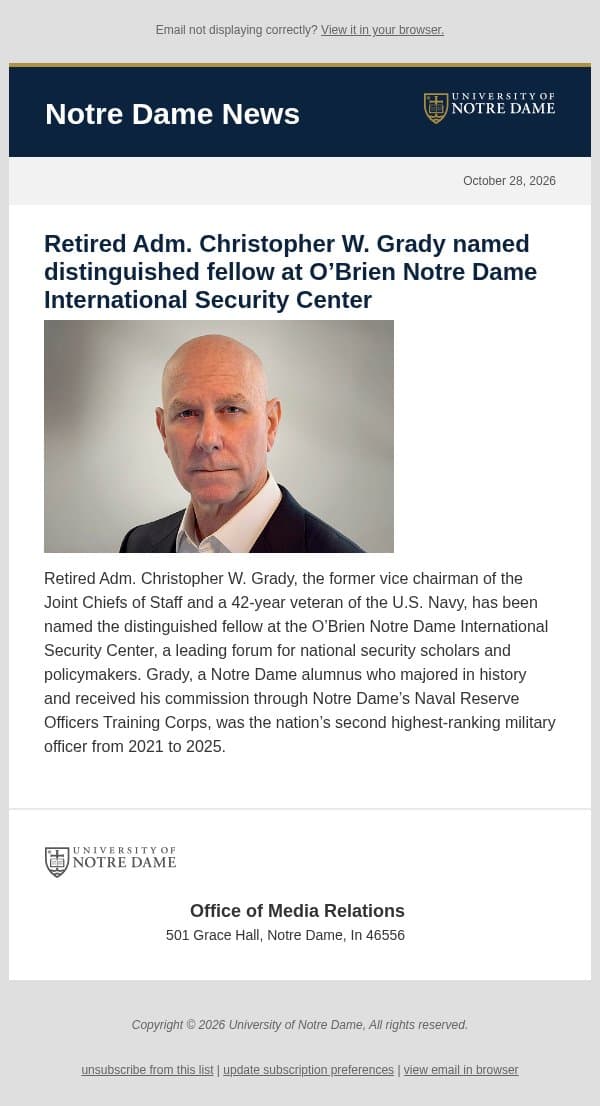 Notre Dame News: Daily Digest, October 28, 2026 email from University of Notre Dame screenshot