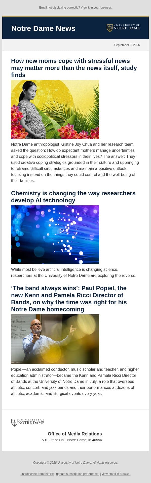 Notre Dame News: Daily Digest, September 3, 2026 email from University of Notre Dame screenshot