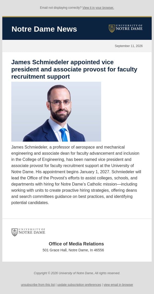Notre Dame News: Daily Digest, September 11, 2026 email from University of Notre Dame screenshot