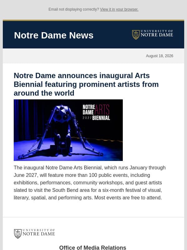 Notre Dame News: Daily Digest, August 18, 2026 email from University of Notre Dame