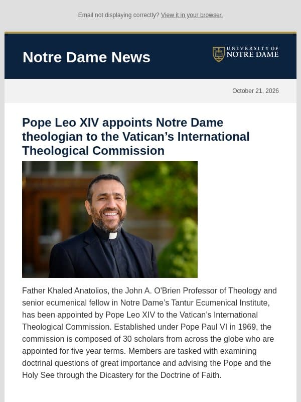 Notre Dame News: Daily Digest, October 21, 2026 email from University of Notre Dame