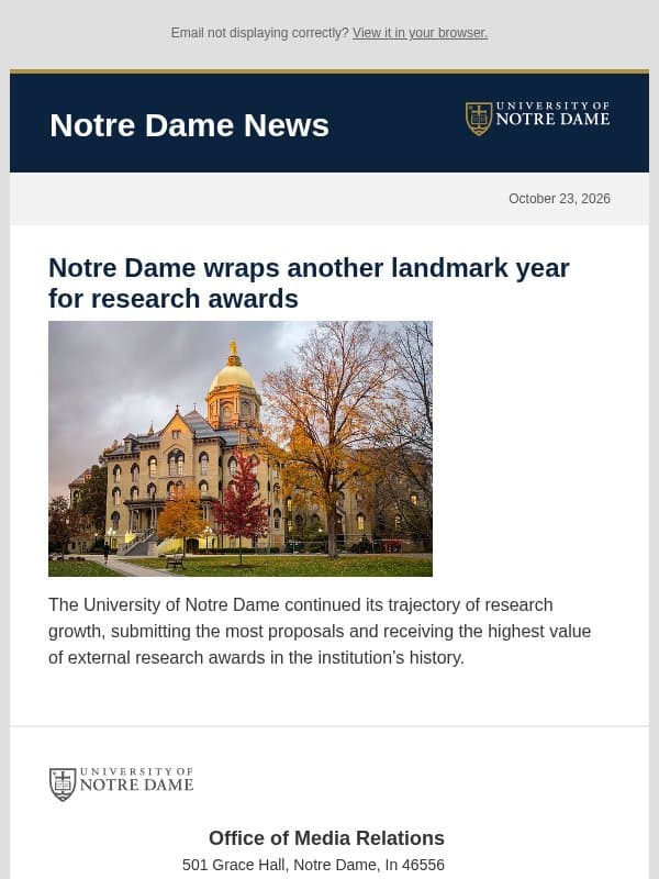 Notre Dame News: Daily Digest, October 23, 2026 email from University of Notre Dame