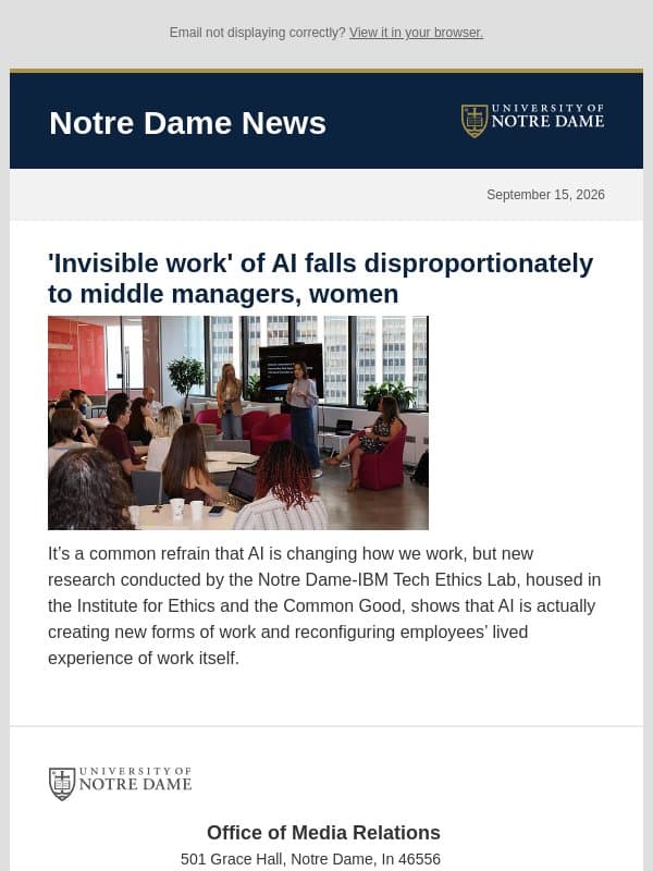 Notre Dame News: Daily Digest, September 15, 2026 email from University of Notre Dame