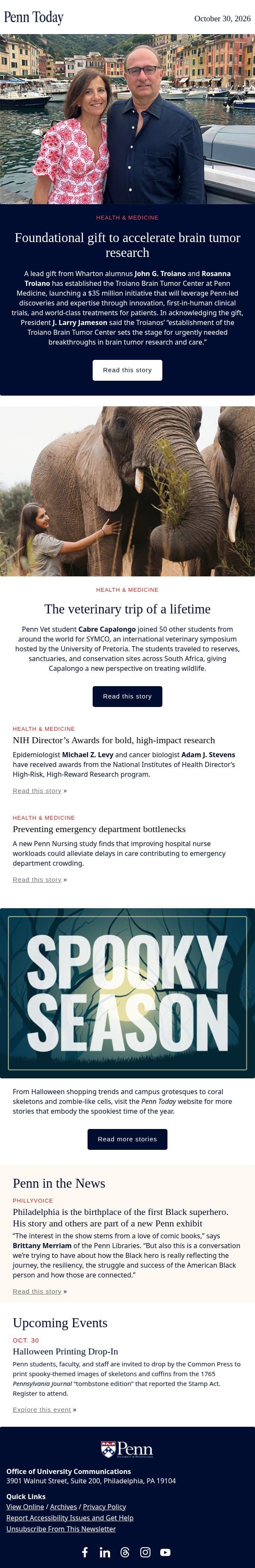 Gift establishes new brain tumor center email from University of Pennsylvania screenshot