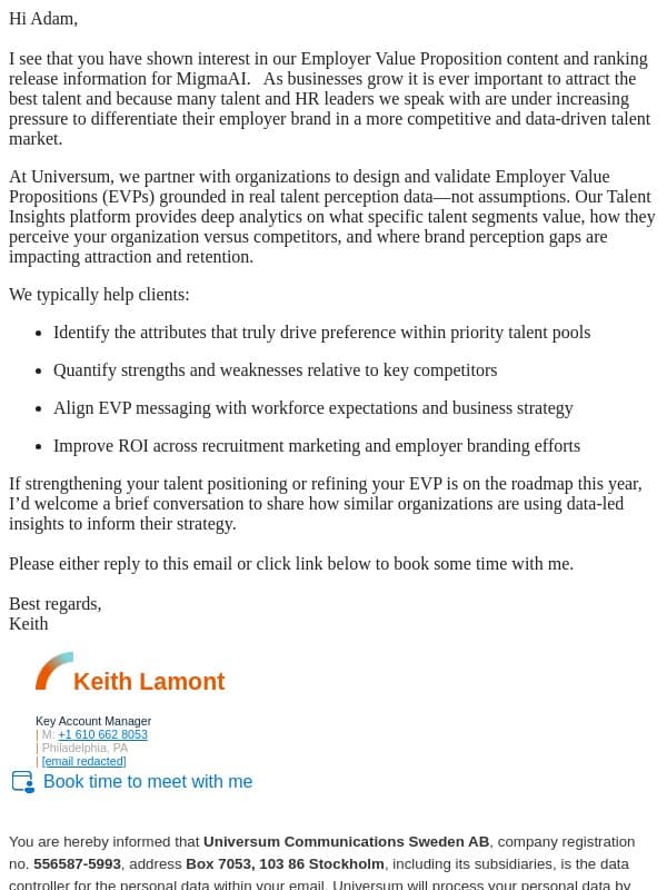Migma AI Driving Employer Branding email from Universum