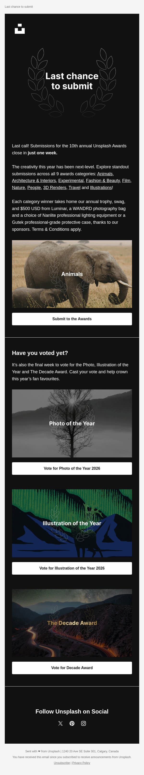 Last chance to submit to the Unsplash Awards 🏆 email from Unsplash screenshot