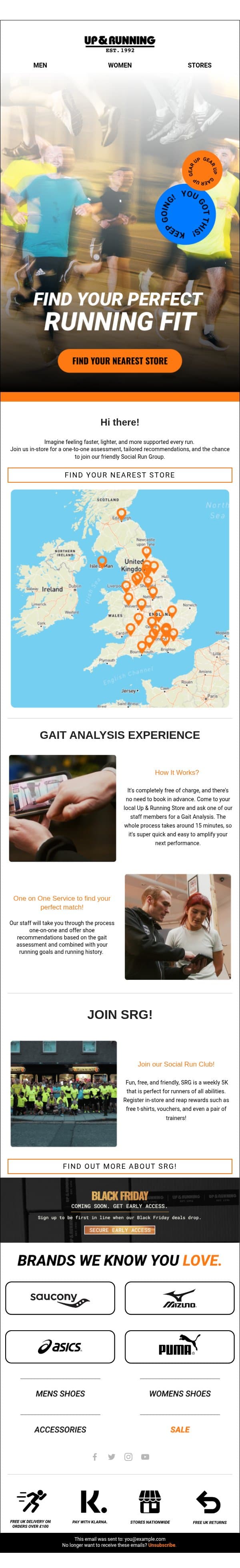 Visit us in store! email from Up and Running screenshot