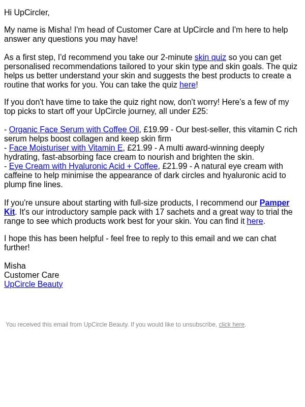 Can I help you create a skincare routine? email from UpCircle