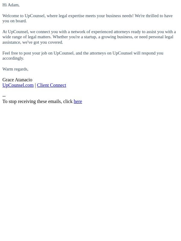 Welcome to UpCounsel email from UpCounsel screenshot