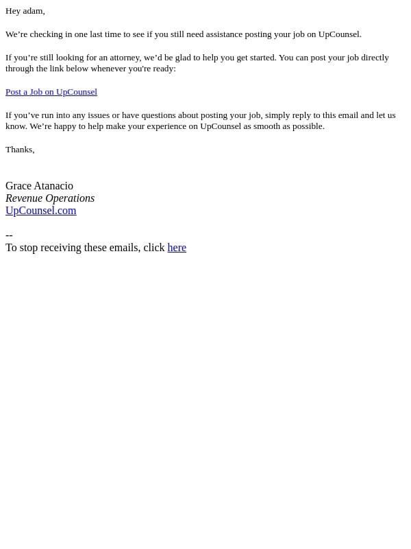 Have you found the legal support you need? email from UpCounsel