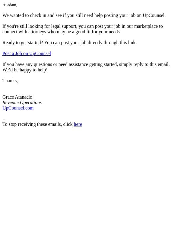 Having trouble posting your job on UpCounsel? email from UpCounsel