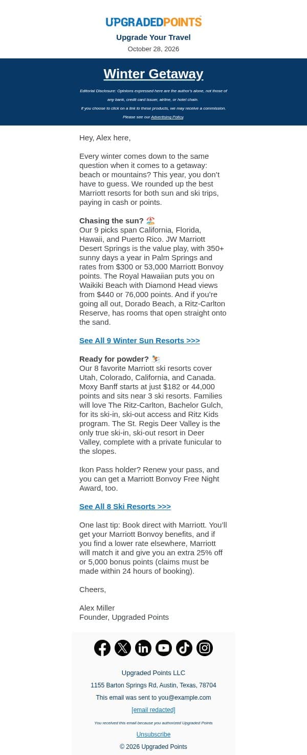 Sun or snow? 17 Marriott resorts to book this winter... email from Upgraded Points screenshot