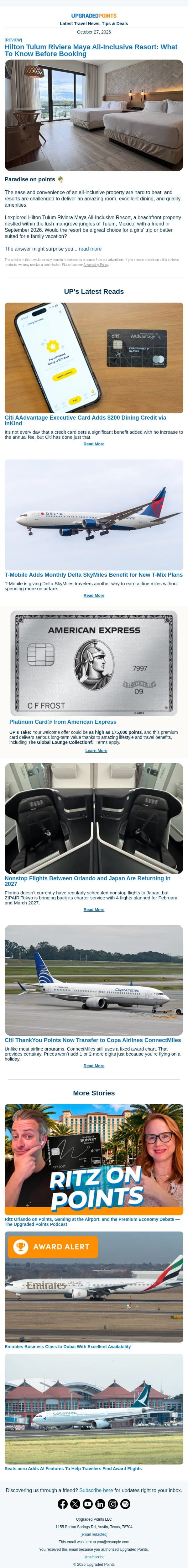 New $200 dining credit, Orlando to Tokyo flights, Emirates business class, and more news! email from Upgraded Points screenshot