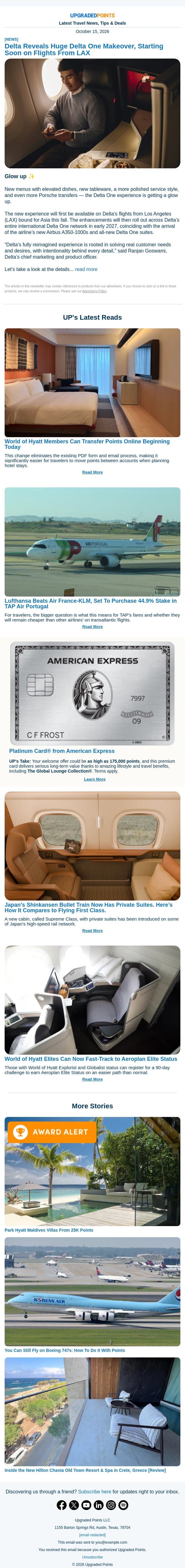 Delta One Makeover, transfer Hyatt points online, Shinkansen private suites, and more news! email from Upgraded Points screenshot